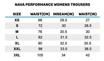 2025 Nava Performance Womens Trousers 0 Size Chart